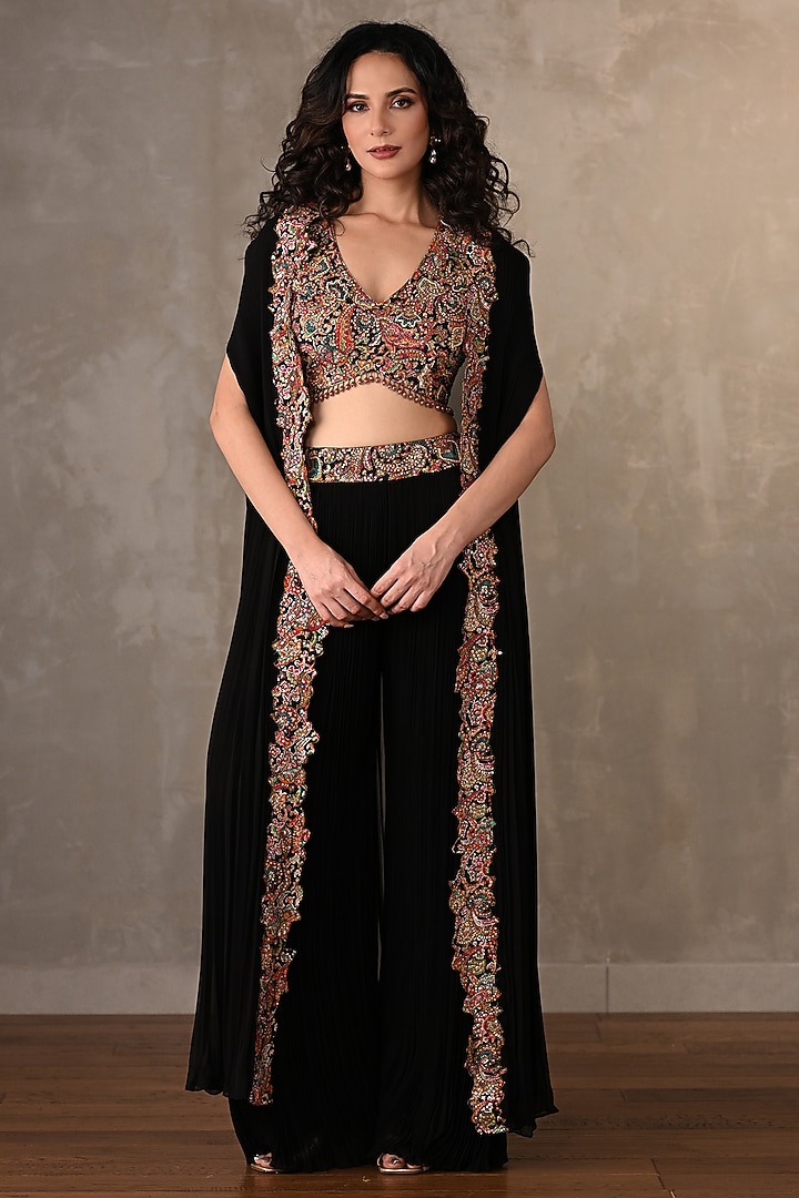 Black Georgette Thread Embroidered & Printed Cape Set by Onaya at Pernia's Pop Up Shop