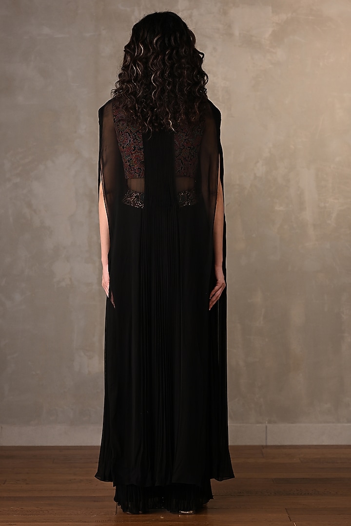 Black Georgette Thread Embroidered & Printed Cape Set by Onaya at Pernia's Pop Up Shop