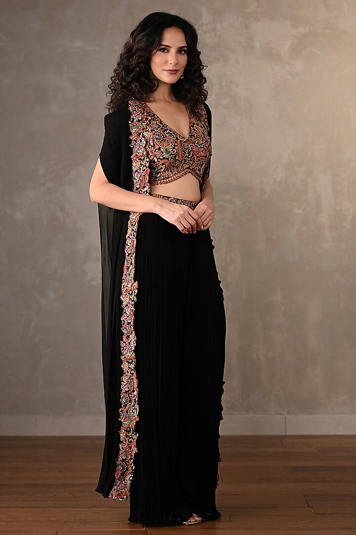 Black Georgette Thread Embroidered & Printed Cape Set by Onaya at Pernia's Pop Up Shop