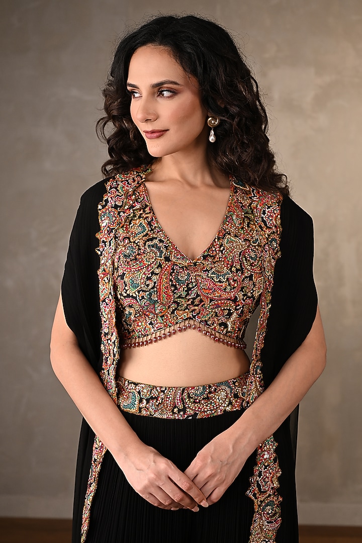Black Georgette Thread Embroidered & Printed Cape Set by Onaya at Pernia's Pop Up Shop