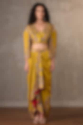 Mustard Silk Sequins Work Jacket Set by Onaya at Pernia's Pop Up Shop