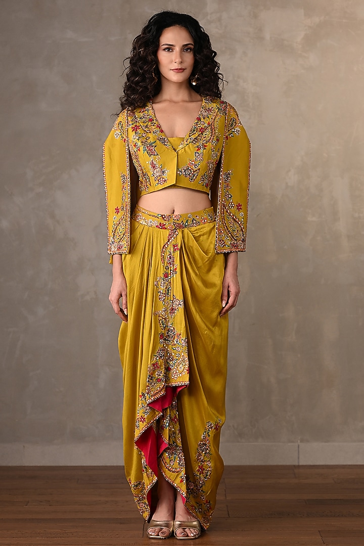 Mustard Silk Sequins Work Jacket Set by Onaya at Pernia's Pop Up Shop