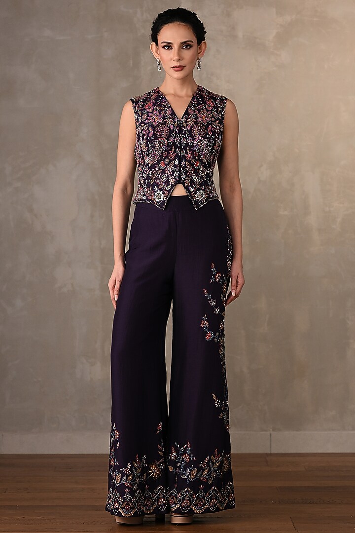 Purple Silk Sequins Work & Printed Co-Ord Set by Onaya at Pernia's Pop Up Shop