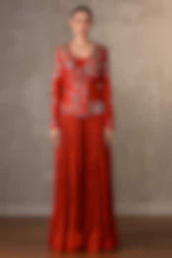 Brick Red Silk Sequins Embellished Jacket Set by Onaya at Pernia's Pop Up Shop