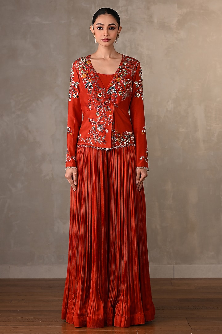 Brick Red Silk Sequins Embellished Jacket Set by Onaya at Pernia's Pop Up Shop