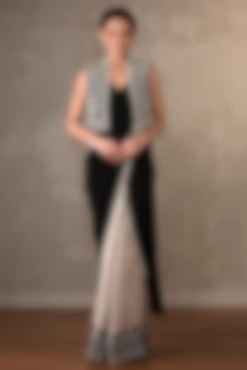 Beige & Black Georgette Cutdana Work Jacket Party Wear Saree Set by Onaya at Pernia's Pop Up Shop