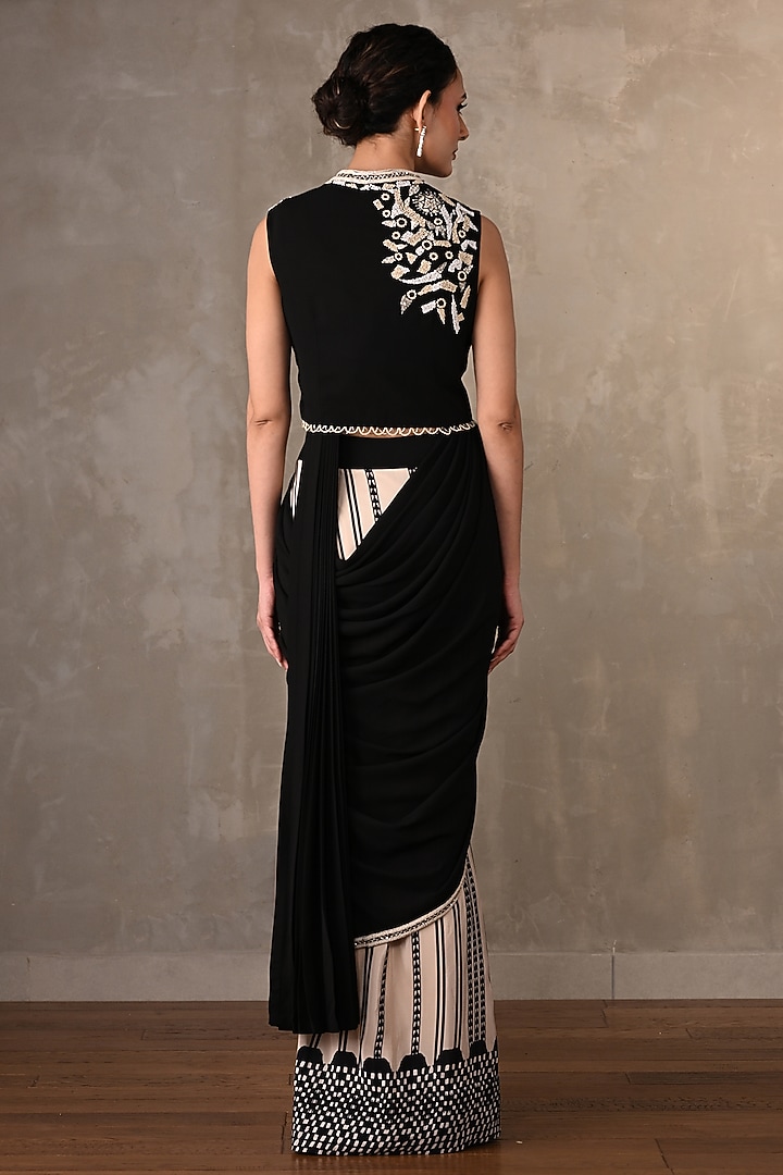 Beige & Black Georgette Cutdana Work Jacket Party Wear Saree Set by Onaya at Pernia's Pop Up Shop