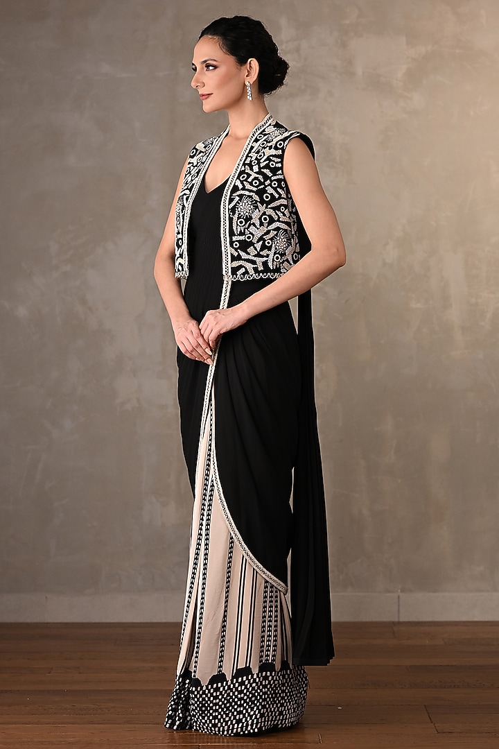 Beige & Black Georgette Cutdana Work Jacket Party Wear Saree Set by Onaya at Pernia's Pop Up Shop