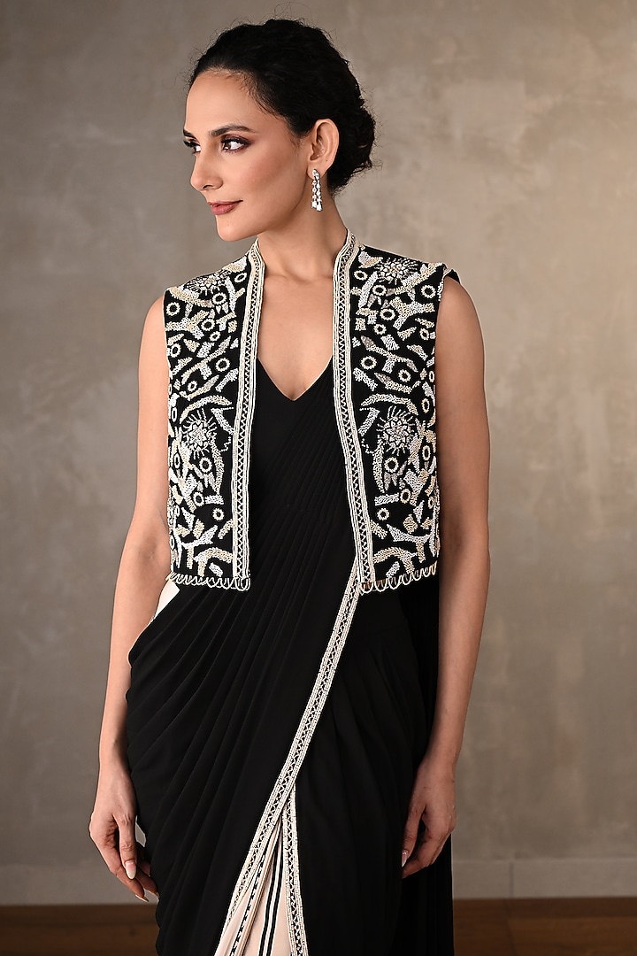 Beige & Black Georgette Cutdana Work Jacket Party Wear Saree Set by Onaya at Pernia's Pop Up Shop