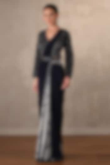 Indigo Blue & Grey Crepe Printed Draped Party Wear Saree Set by Onaya at Pernia's Pop Up Shop