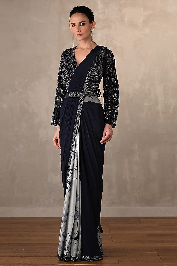 Indigo Blue & Grey Crepe Printed Draped Party Wear Saree Set by Onaya at Pernia's Pop Up Shop