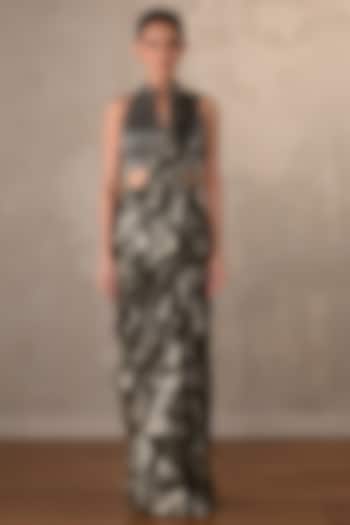 Olive Green Foil Fabric Draped Party Wear Saree Set by Onaya at Pernia's Pop Up Shop