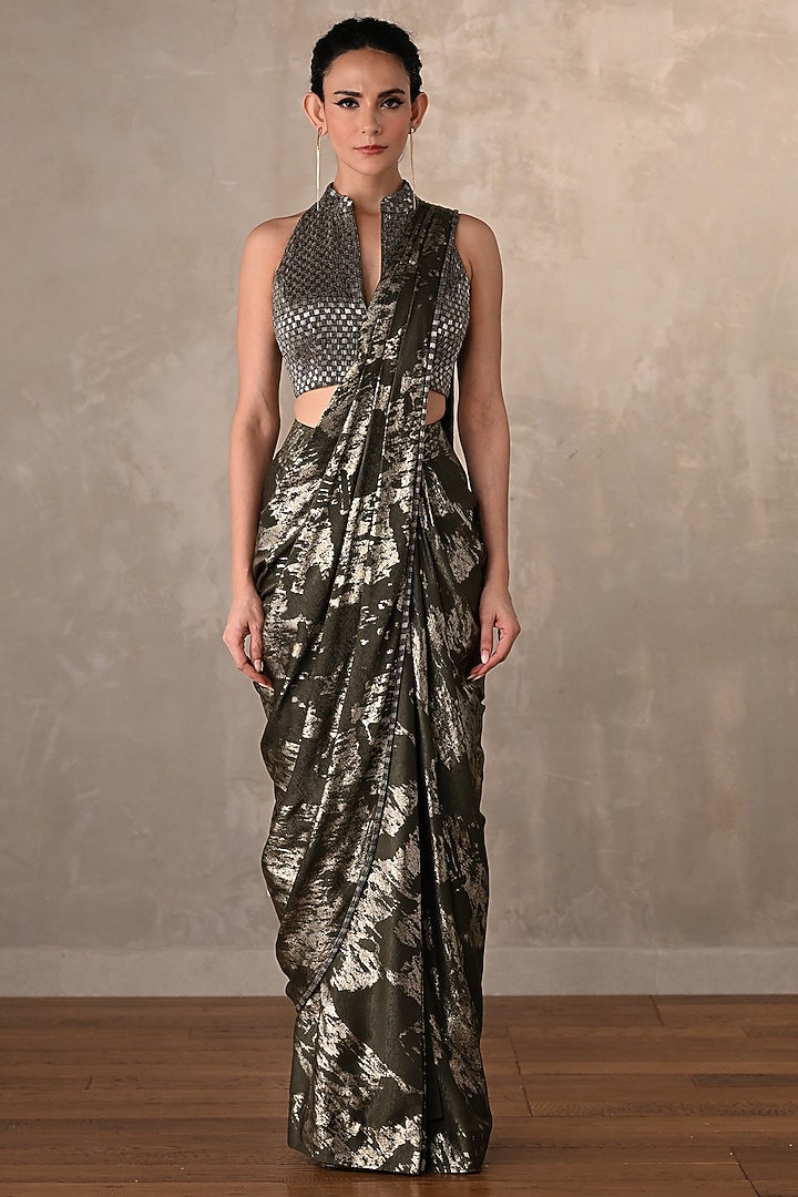 Olive Green Foil Fabric Draped Party Wear Saree Set by Onaya at Pernia's Pop Up Shop
