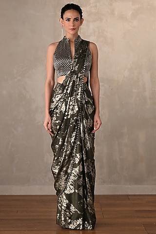 Olive Green Foil Fabric Draped Saree Set by Onaya
