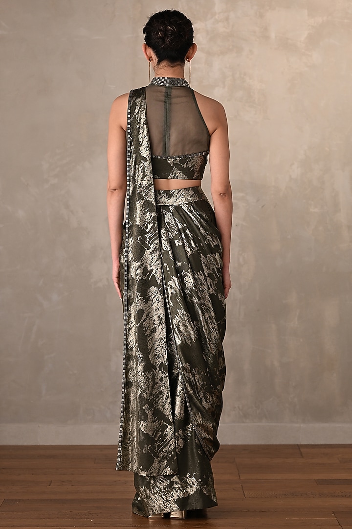 Olive Green Foil Fabric Draped Party Wear Saree Set by Onaya at Pernia's Pop Up Shop