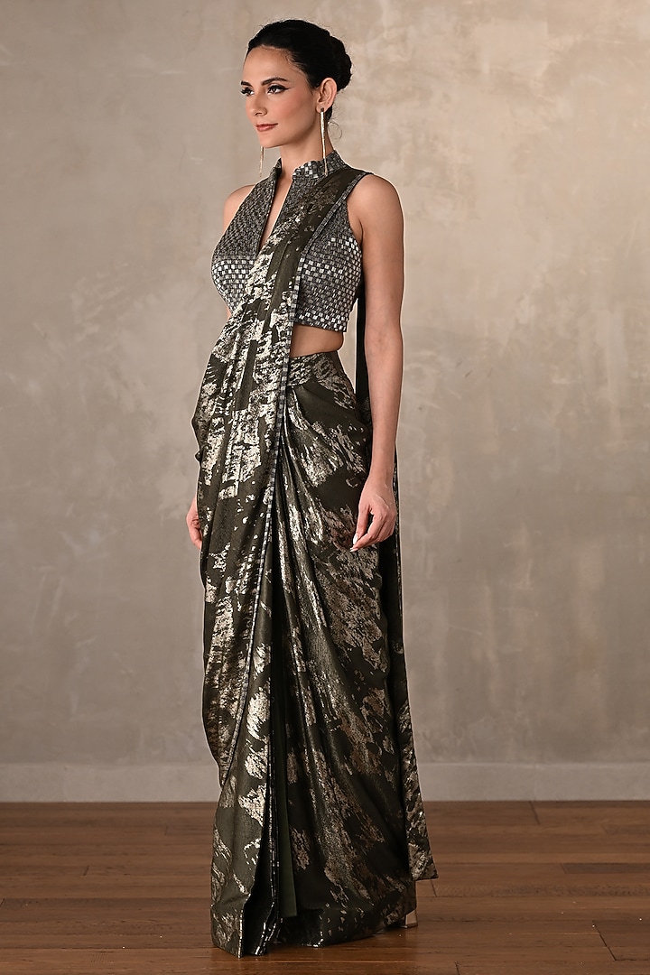 Olive Green Foil Fabric Draped Party Wear Saree Set by Onaya at Pernia's Pop Up Shop
