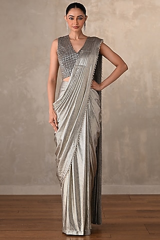 Silver Lycra Draped Saree Set by Onaya