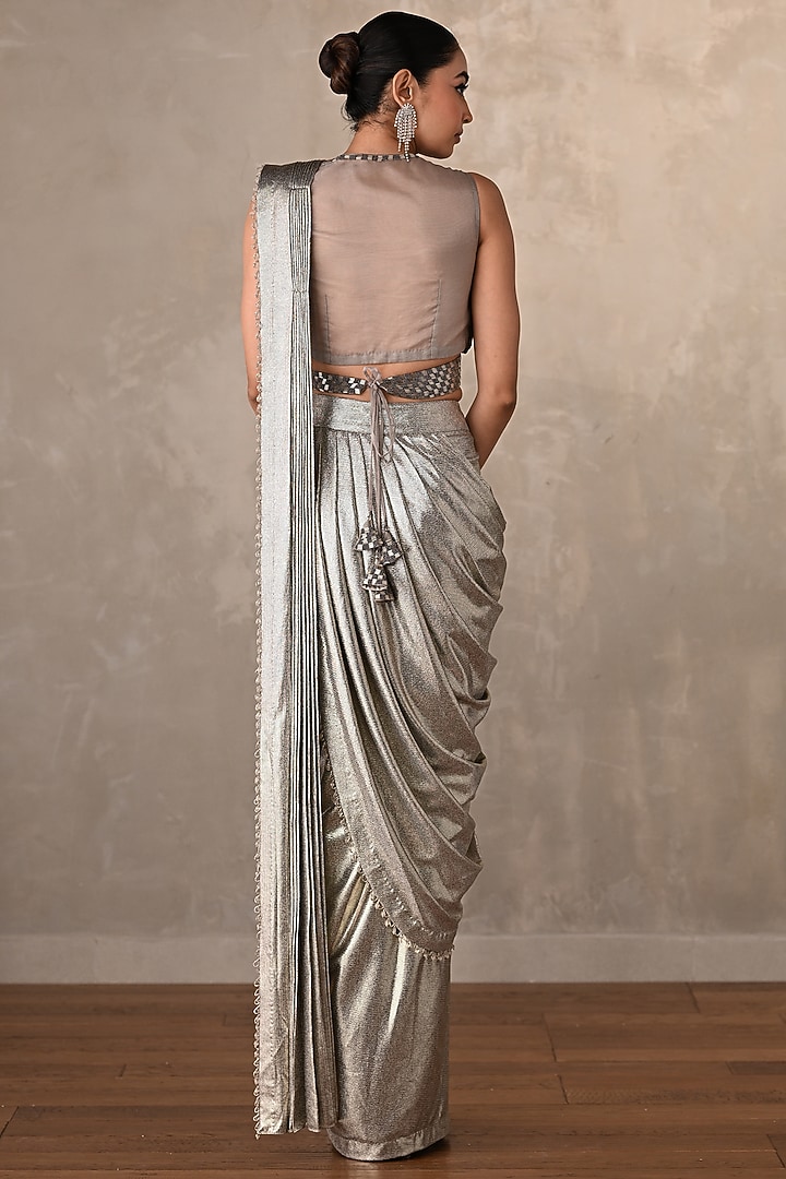 Silver Lycra Draped Party Wear Saree Set by Onaya at Pernia's Pop Up Shop