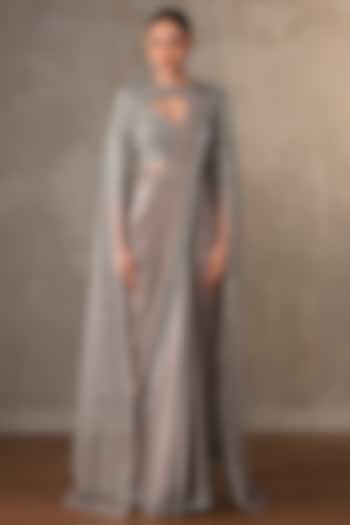 Steel Grey Heavy Crepe Embroidered Draped Wedding Saree Set by Onaya at Pernia's Pop Up Shop