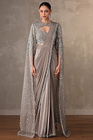 Steel Grey Heavy Crepe Embroidered Draped Saree Set by Onaya