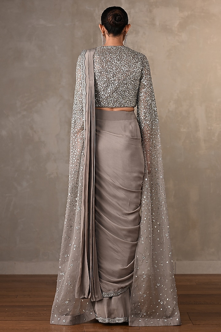 Steel Grey Heavy Crepe Embroidered Draped Wedding Saree Set by Onaya at Pernia's Pop Up Shop