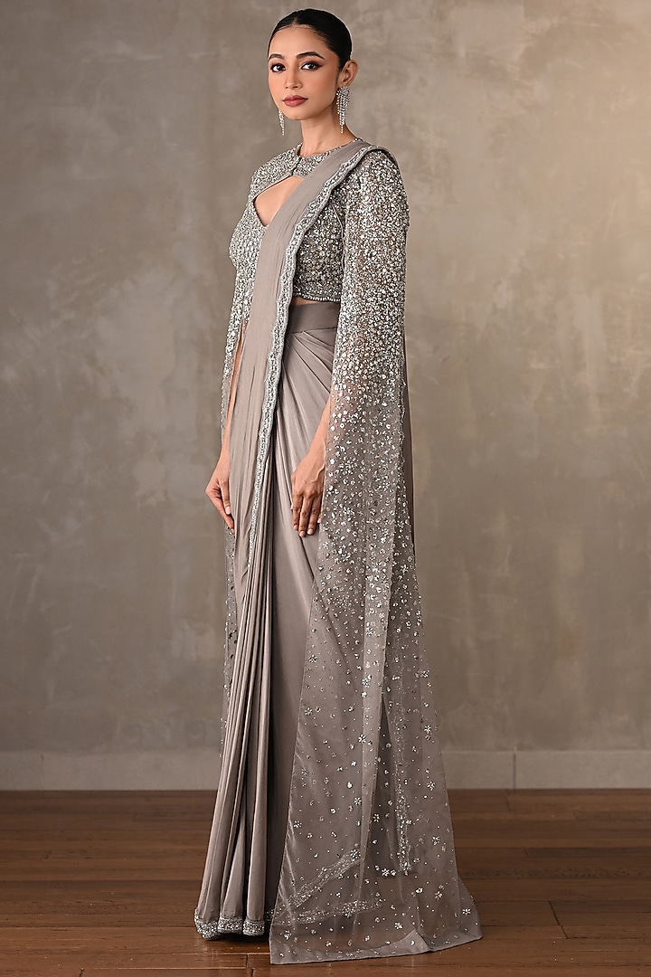 Steel Grey Heavy Crepe Embroidered Draped Wedding Saree Set by Onaya at Pernia's Pop Up Shop