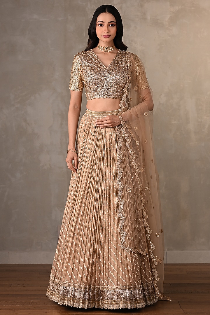 Beige Organza Shimmer Embroidered Wedding Lehenga Set by Onaya at Pernia's Pop Up Shop