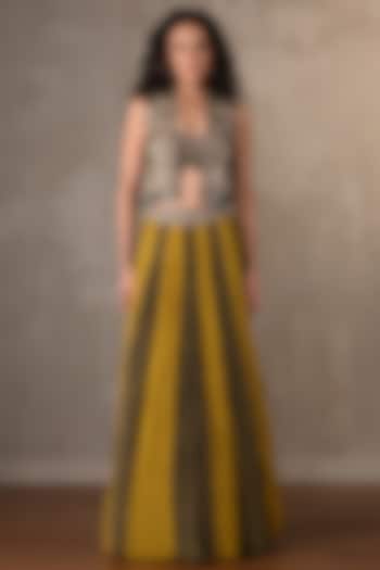 Yellow & Mehendi Green Organza Tissue Crush Panelled Wedding Lehenga Set by Onaya at Pernia's Pop Up Shop