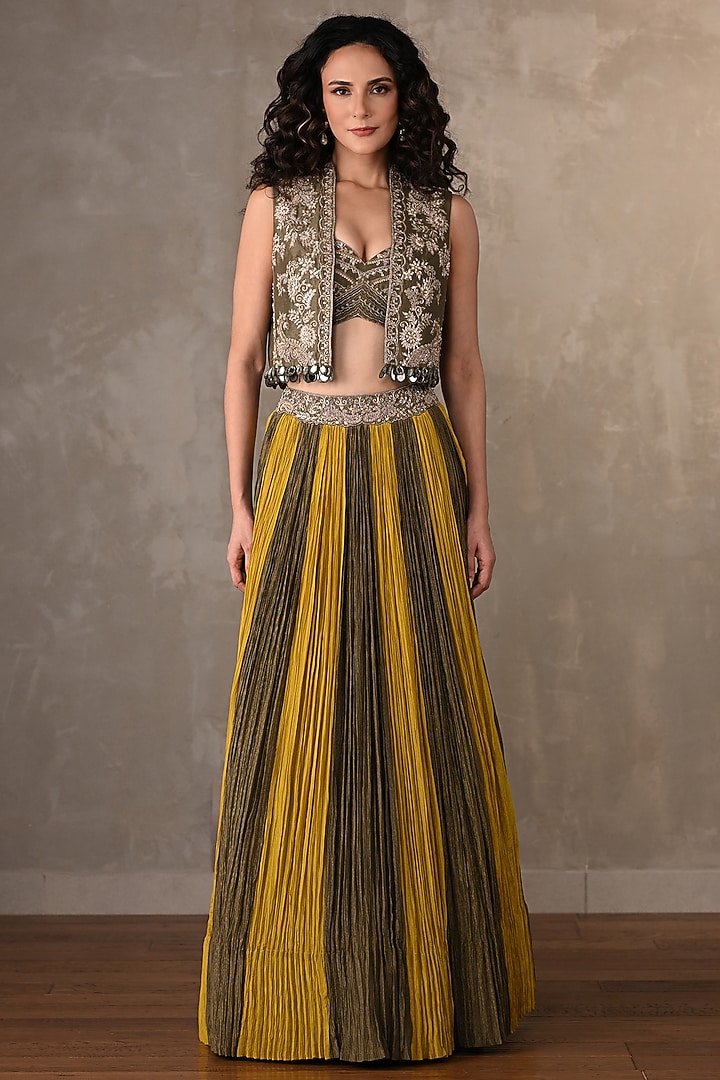 Yellow & Mehendi Green Organza Tissue Crush Panelled Wedding Lehenga Set by Onaya at Pernia's Pop Up Shop