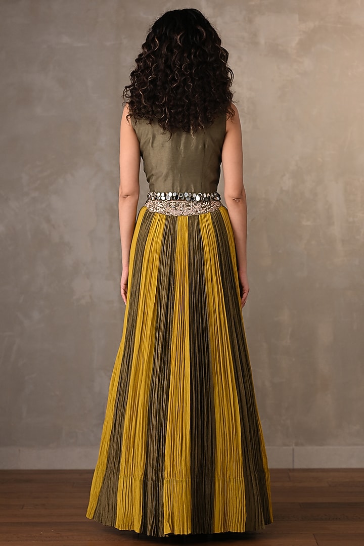 Yellow & Mehendi Green Organza Tissue Crush Panelled Wedding Lehenga Set by Onaya at Pernia's Pop Up Shop
