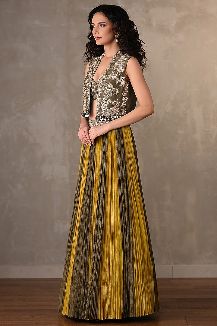 Yellow & Mehendi Green Organza Tissue Crush Panelled Wedding Lehenga Set by Onaya at Pernia's Pop Up Shop