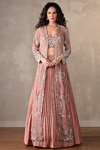 Peach Organza & Crepe Sequins Work Jacket Lehenga Set by Onaya