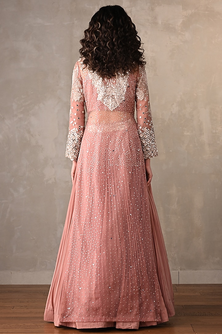 Peach Organza & Crepe Sequins Work Jacket Wedding Lehenga Set by Onaya at Pernia's Pop Up Shop