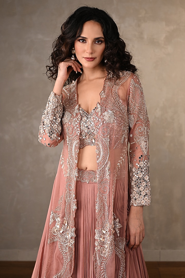 Peach Organza & Crepe Sequins Work Jacket Wedding Lehenga Set by Onaya at Pernia's Pop Up Shop