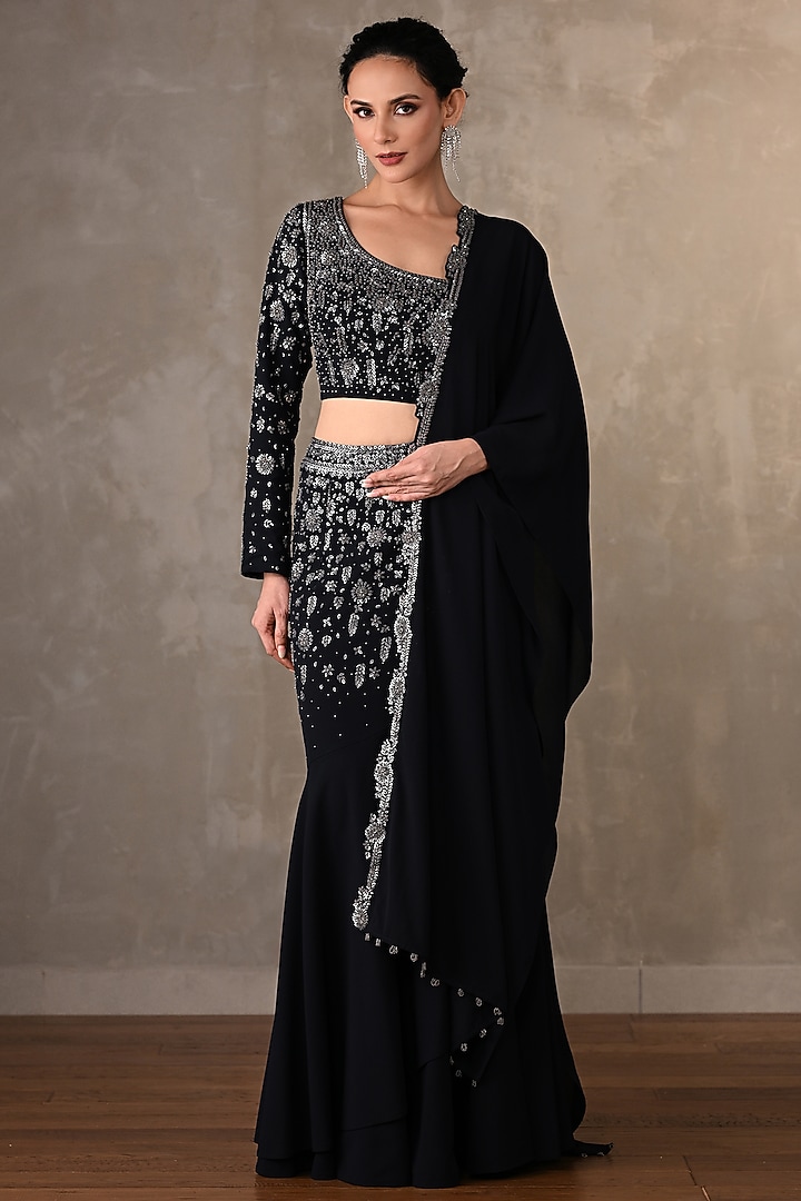 Midnight Blue Georgette Cutdana Embellished Wedding Lehenga Set by Onaya at Pernia's Pop Up Shop