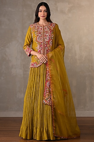 Mustard Organza Crush Pleated Lehenga Set by Onaya