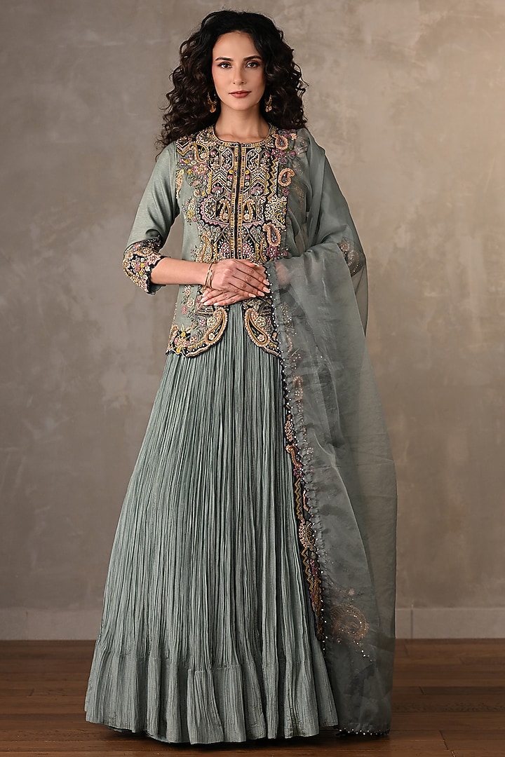 Sky Blue Organza Crush Pleated Wedding Lehenga Set by Onaya at Pernia's Pop Up Shop