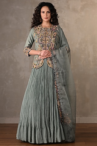 Sky Blue Organza Crush Pleated Lehenga Set by Onaya