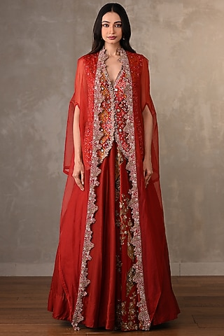 Red Silk Printed Jacket Lehenga Set by Onaya