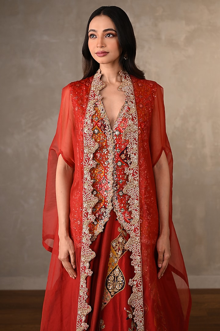 Red Silk Printed Jacket Wedding Lehenga Set by Onaya at Pernia's Pop Up Shop