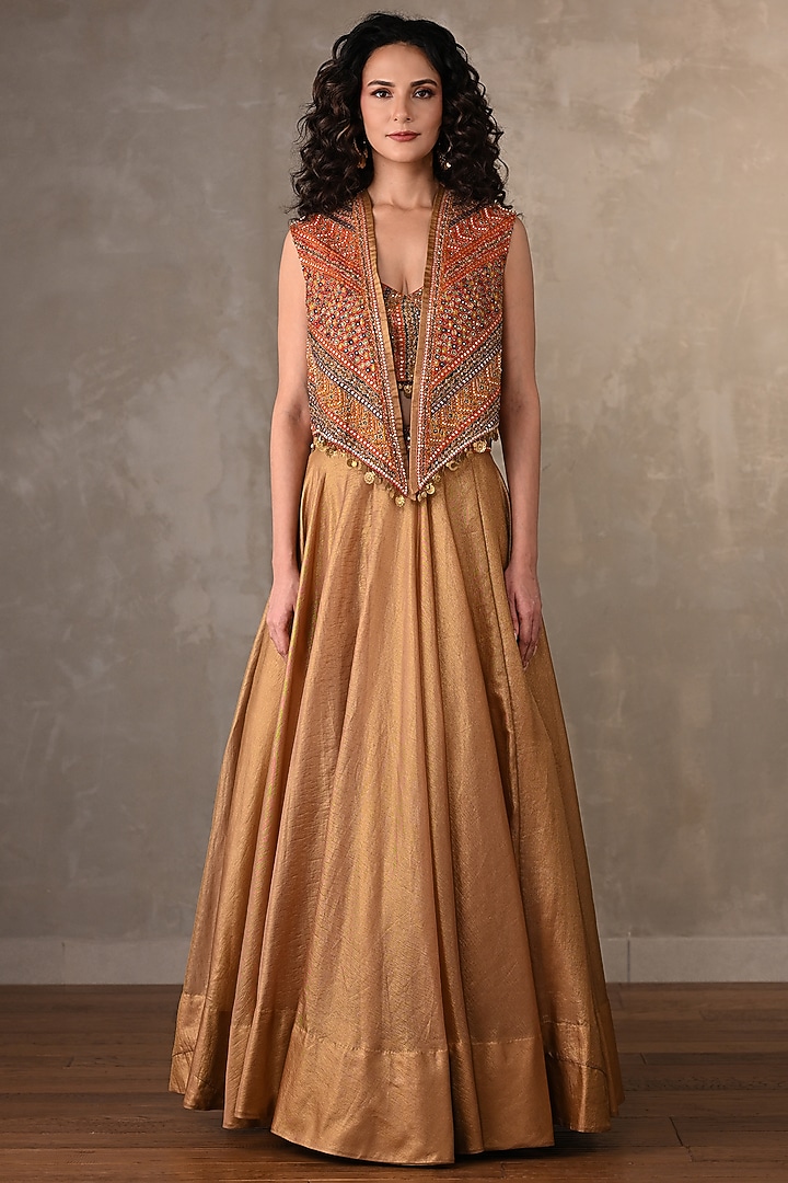 Gold Tissue Sequins Embellished Jacket Wedding Lehenga Set by Onaya at Pernia's Pop Up Shop