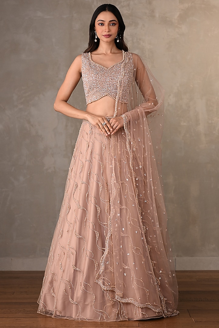 Beige Net Embroidered Wedding Lehenga Set by Onaya at Pernia's Pop Up Shop