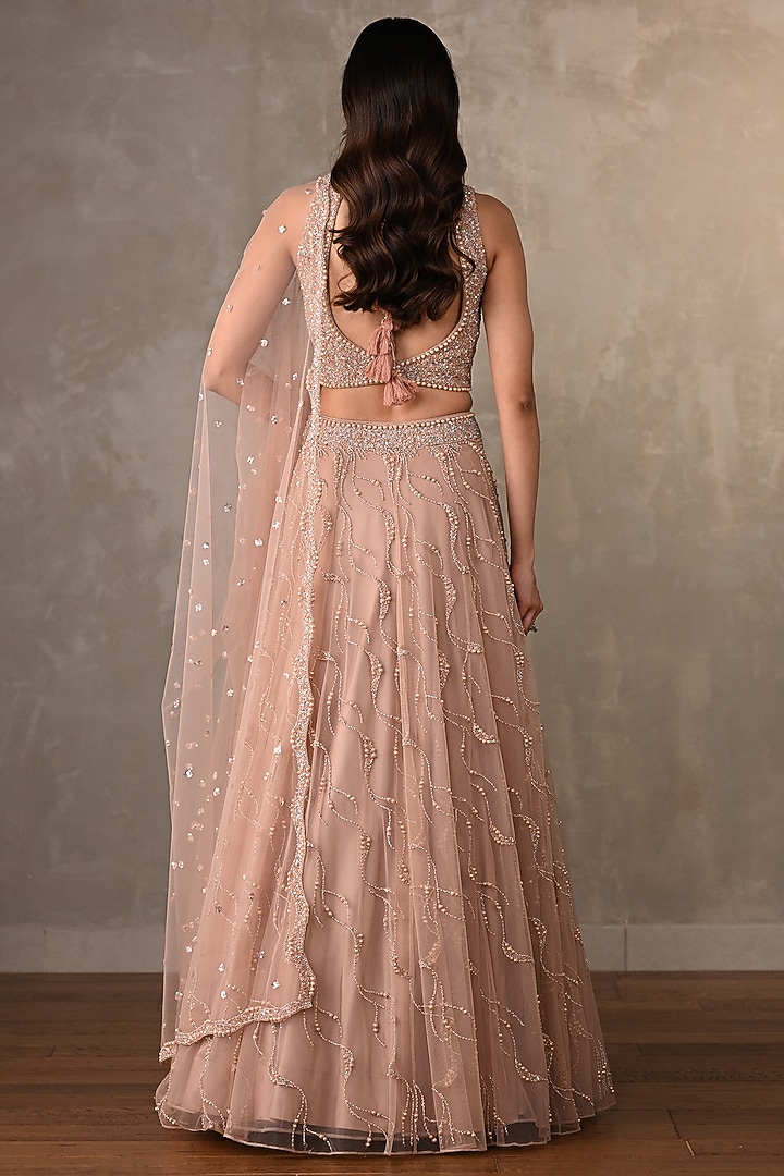 Beige Net Embroidered Wedding Lehenga Set by Onaya at Pernia's Pop Up Shop