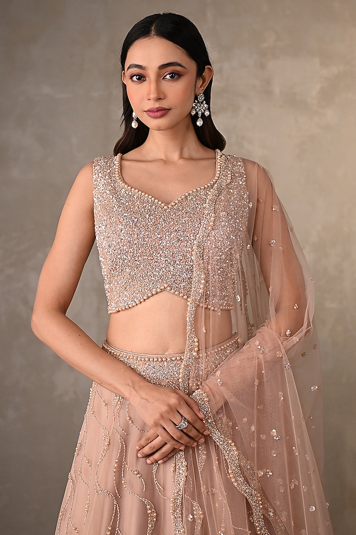 Beige Net Embroidered Wedding Lehenga Set by Onaya at Pernia's Pop Up Shop