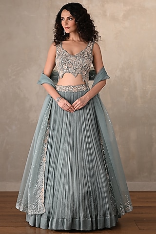 Bluish-Grey Satin Chiffon Pleated Lehenga Set by Onaya