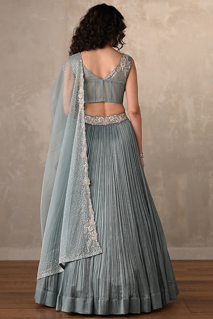 Bluish-Grey Satin Chiffon Pleated Wedding Lehenga Set by Onaya at Pernia's Pop Up Shop