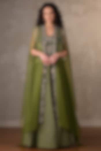 Green Brocade Dabka Embroidered Jacket Wedding Lehenga Set by Onaya at Pernia's Pop Up Shop