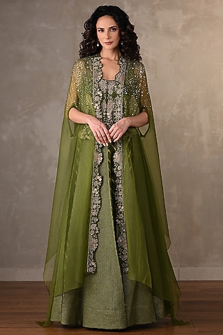Green Brocade Dabka Embroidered Jacket Lehenga Set by Onaya