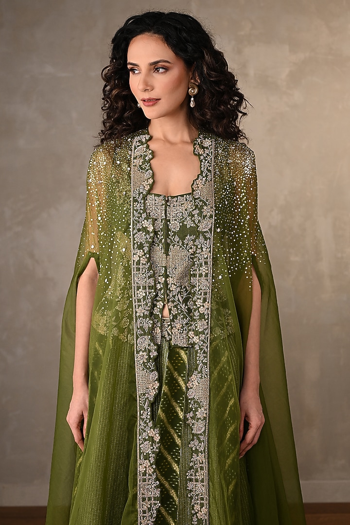 Green Brocade Dabka Embroidered Jacket Wedding Lehenga Set by Onaya at Pernia's Pop Up Shop
