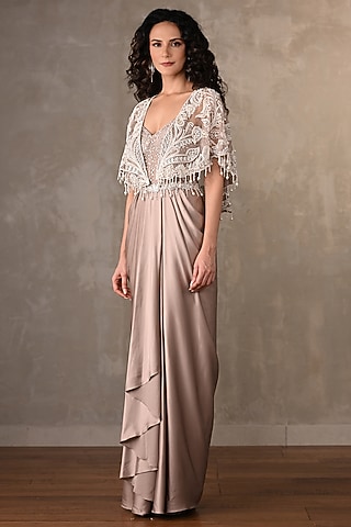 Beige Satin Gown With Cape by Onaya